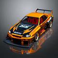 Orange Modified Race Car With TOP SECRET R34 Livery Large Rear Spoiler And Sport Wheels