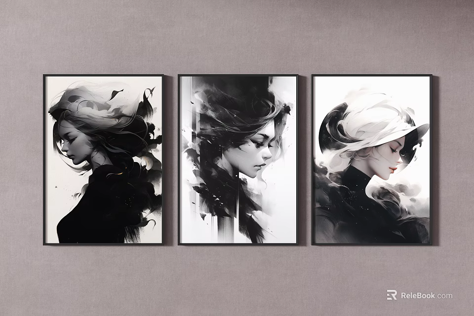 Three Female Portrait Paintings With Flowing Hair And Artistic Monochrome Wall Decor 3d model 