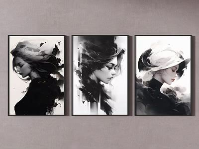 Three Female Portrait Paintings With Flowing Hair And Artistic Monochrome Wall Decor 3d model