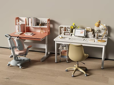 Two Pink And White Study Desks With Chairs Books Computer Organizers On Wooden Floor 3d model