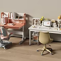 Two Pink And White Study Desks With Chairs Books Computer Organizers On Wooden Floor