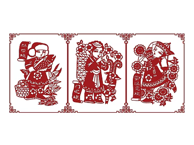 Traditional Chinese Paper Cutting Art Featuring Three Women In Traditional Clothing With Flowers And Baskets 3d model