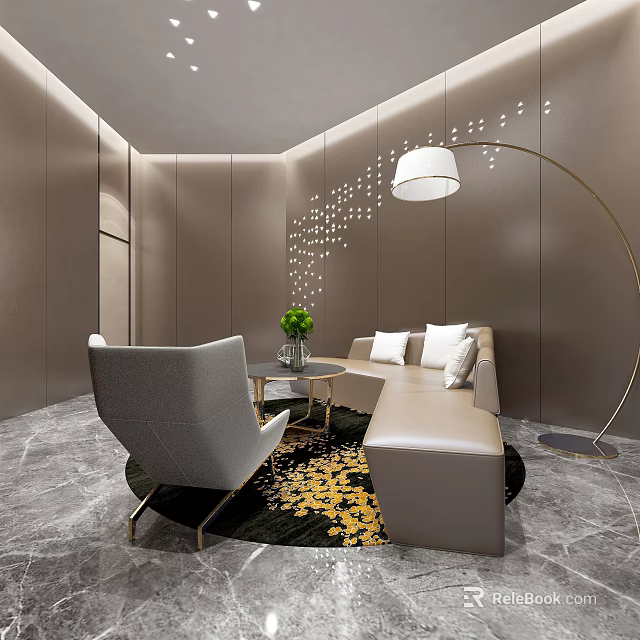 Modern Conference Room With Sofa Chair Coffee Table Floor Lamp And Wall Decorations 3d model 