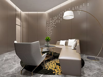 Modern Conference Room With Sofa Chair Coffee Table Floor Lamp And Wall Decorations 3d model