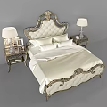 Luxurious European Bed with Carved Headboard White Upholstery Matching Nightstands Table Lamps Decorative Items