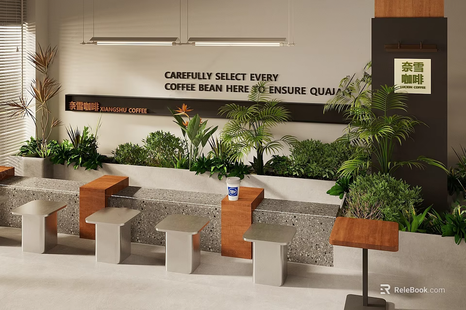 Modern Café Interior With Quality Coffee Beans Lush Plants And Wooden Stools 3d model 