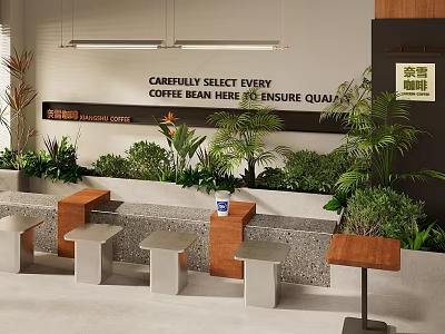Modern Café Interior With Quality Coffee Beans Lush Plants And Wooden Stools 3d model