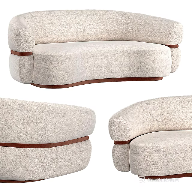 Light Fabric Upholstered Single Sofa With Curved Design And Wooden Accents 3d model 