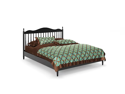 Stylish Double Bed With Black Headboard And Green Brown Patterned Quilt 3d model