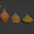 Three Orange Terracotta Vases With Various Shapes On Dark Background And Reflections