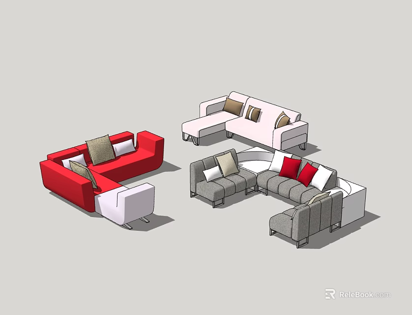 Modern Sectional Sofa Sets in Red White and Gray with Modular Design and Cushions 3d model
