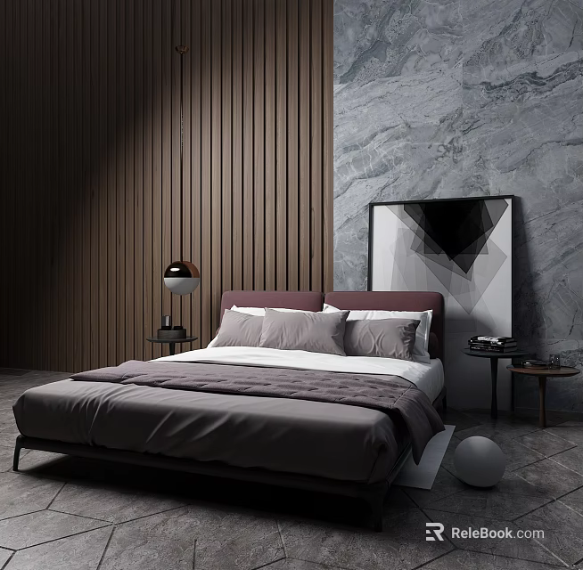Modern Bedroom Interior With Double Bed Purple Headboard Gray Bedding Nightstand Lamp Wooden Marble Walls 3d model 
