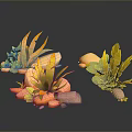 3D Rendered Plants with Yellow and Green Leaves Surrounded by Orange and Gray Stones