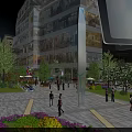 Modern Commercial Street With Glass Facade Buildings Pedestrians Green Plants And Flower Beds