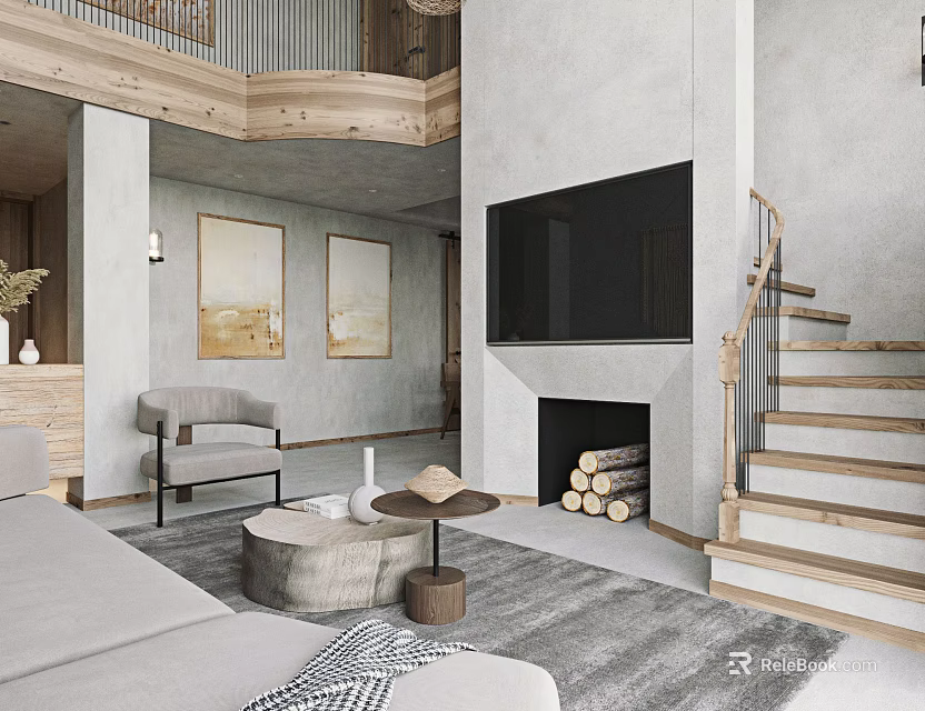 Modern Open Concept Living and Dining Area With Gray Sofa Wooden Coffee Table Fireplace TV 3d model 