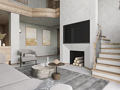 Modern Open Concept Living and Dining Area With Gray Sofa Wooden Coffee Table Fireplace TV 3d model
