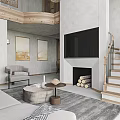 Modern Open Concept Living and Dining Area With Gray Sofa Wooden Coffee Table Fireplace TV