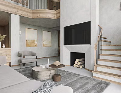 Modern Open Concept Living and Dining Area With Gray Sofa Wooden Coffee Table Fireplace TV 3d model