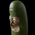 Pickle Rick Character From Rick And Morty With Green Body Large Eyes Open Mouth