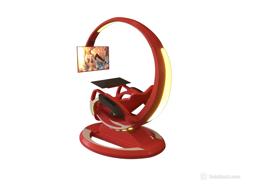 Modern Red Circular Chair Design With Illuminated Edge And Screen Tablet 3d model