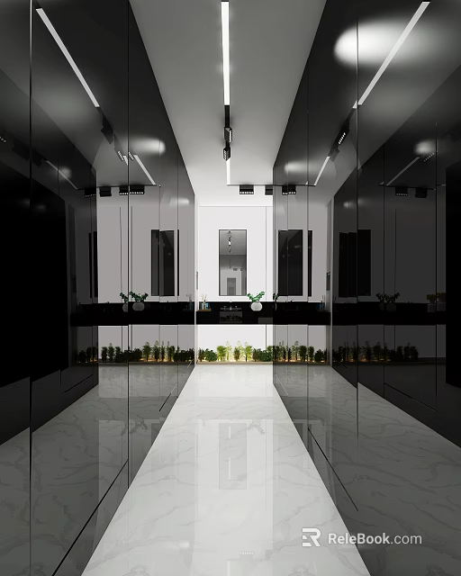 Modern Elevator Hallway Design With Mirror Walls Polished Floors And Green Plants 3d model 