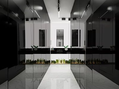 Modern Elevator Hallway Design With Mirror Walls Polished Floors And Green Plants 3d model