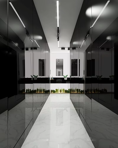 Modern Elevator Hallway Design With Mirror Walls Polished Floors And Green Plants 3d model