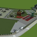 Modern Cultural Center Exterior Design With Green Lawn Parking Area And Entrance Steps