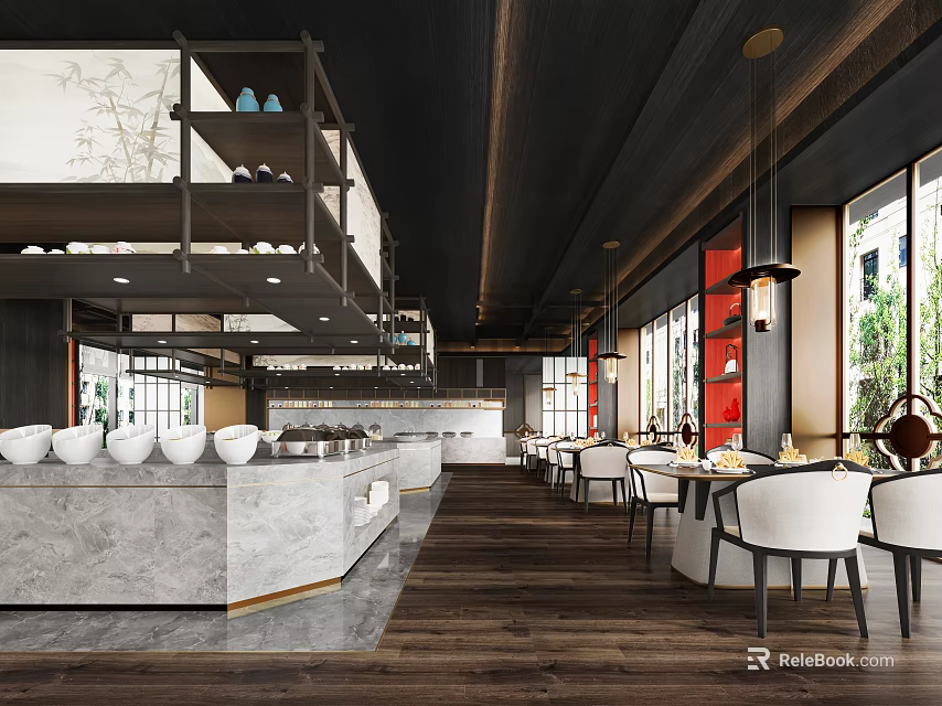 Modern Restaurant Interior With Marble Counter Hanging Lights White Chairs And Wooden Floors 3d model 