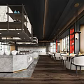 Modern Restaurant Interior With Marble Counter Hanging Lights White Chairs And Wooden Floors