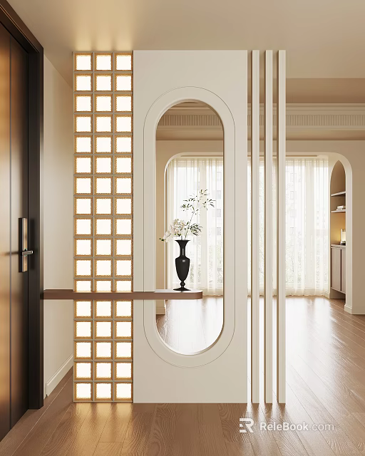 Elegant Modern Entryway Hallway Interior With Oval Mirror Wooden Lattice And Flower Vase 3d model 
