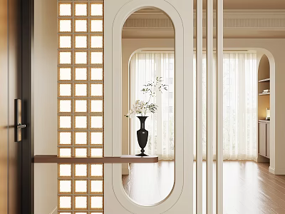 Elegant Modern Entryway Hallway Interior With Oval Mirror Wooden Lattice And Flower Vase 3d model