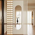 Elegant Modern Entryway Hallway Interior With Oval Mirror Wooden Lattice And Flower Vase