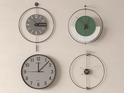 Four Stylish Wall Clocks With Modern Designs Various Colors And Decorative Elements 3d model