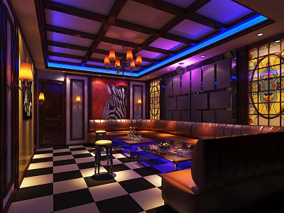 KTV Elegant Interior With Black And White Checkered Floor Sofa Chandelier And Colorful Lighting 3d model