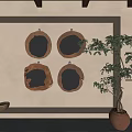 Four Round Mirrors With Wooden Frames Hanging On Beige Wall Beside Green Plant And Bowl