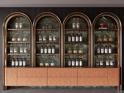 Elegant Modern Wine Cabinet With Arch Glass Doors Wine Bottles And Wooden Drawers 3d model