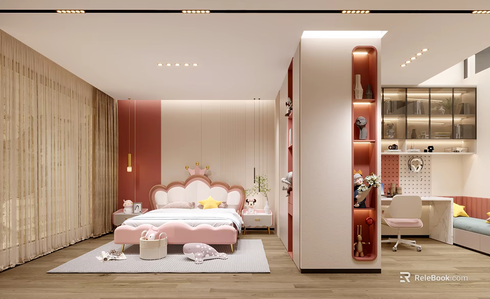 Princess Style Kids Room Interior Design With Pink Bed Crown Headboard And Study Desk Chair 3d model 