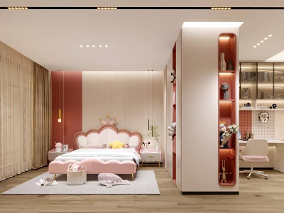 Princess Style Kids Room Interior Design With Pink Bed Crown Headboard And Study Desk Chair 3d model