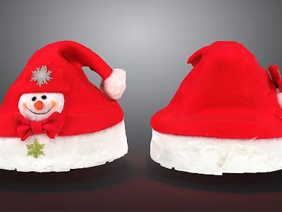 Red Santa Hat With Snowman Design Bow And White Faux Fur Trim 3d model