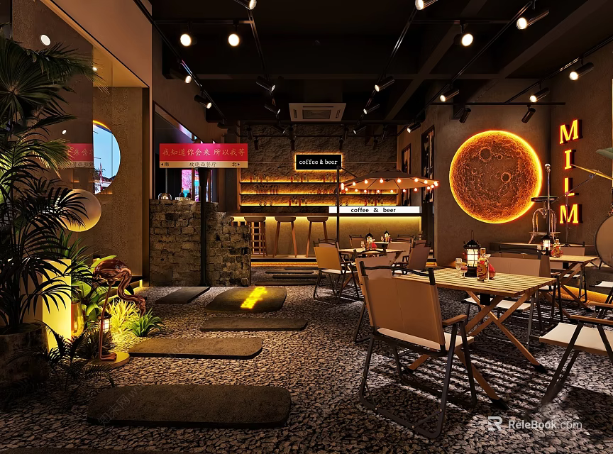Cozy Modern Bar Interior With Warm Lighting Wooden Tables Green Plants And Circular Decor 3d model 