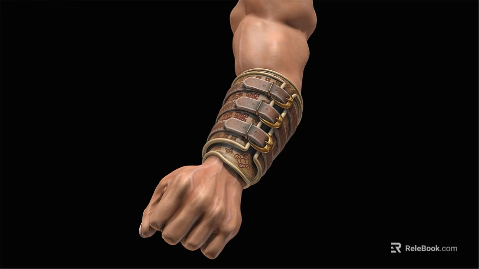 Detailed Leather Bracer With Metal Buckles On Clenched Fist Against Black Background 3d model 