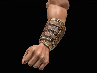 Detailed Leather Bracer With Metal Buckles On Clenched Fist Against Black Background 3d model