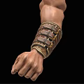 Detailed Leather Bracer With Metal Buckles On Clenched Fist Against Black Background