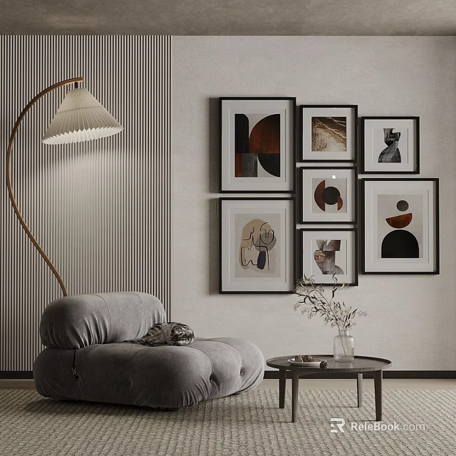 Comfortable Single Sofa Living Room With Floor Lamp Framed Artworks And Coffee Table 3d model 
