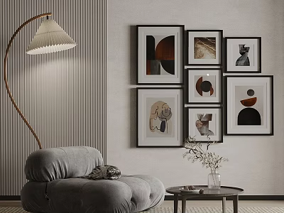 Comfortable Single Sofa Living Room With Floor Lamp Framed Artworks And Coffee Table 3d model