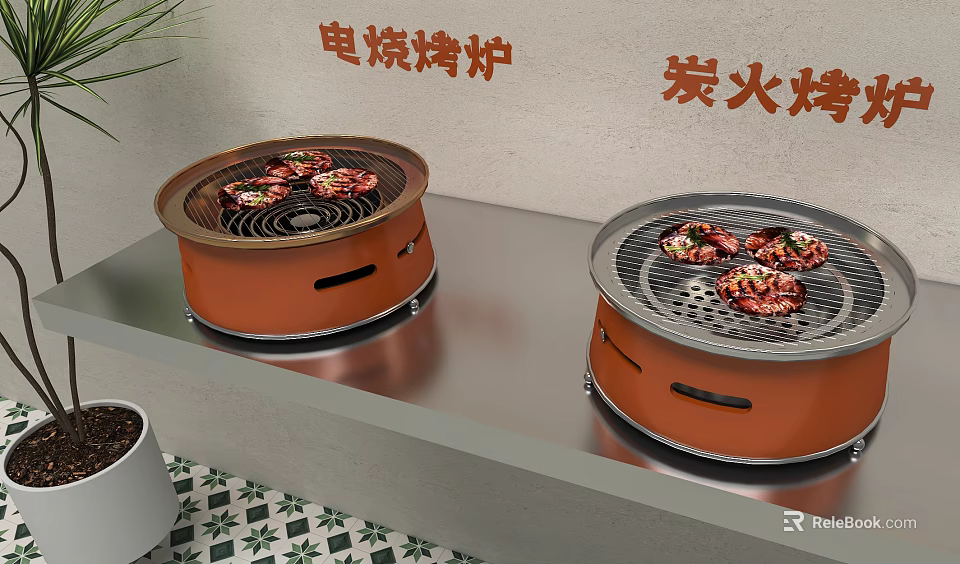 Electric And Charcoal Barbecue Grills Two Orange Cookers With Food On Countertop 3d model 
