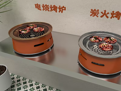 Electric And Charcoal Barbecue Grills Two Orange Cookers With Food On Countertop 3d model