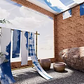 Maybach Display Area Featuring Blue White Striped Canopies Brick Walls Long Table And Stone Stools