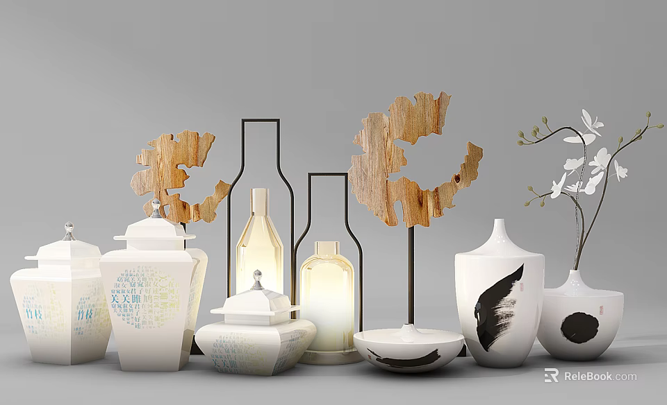 Ceramic Vessels Collection With Vases Jars Bowls And Decorative Wooden Accents 3d model 